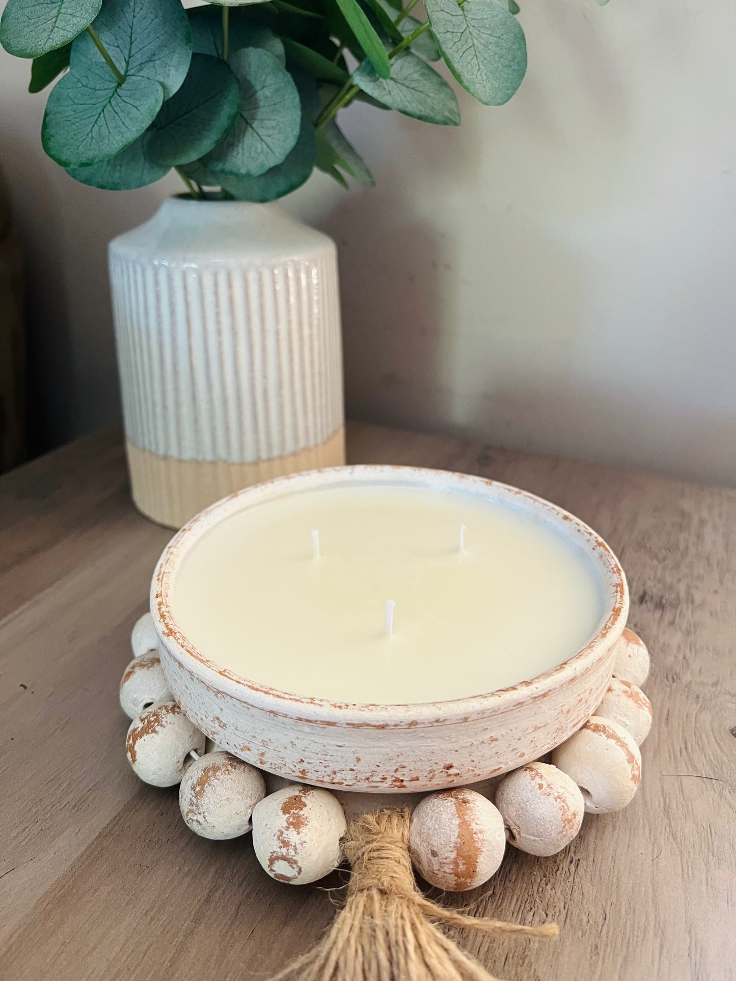 White Beaded Clay Bowl Candle