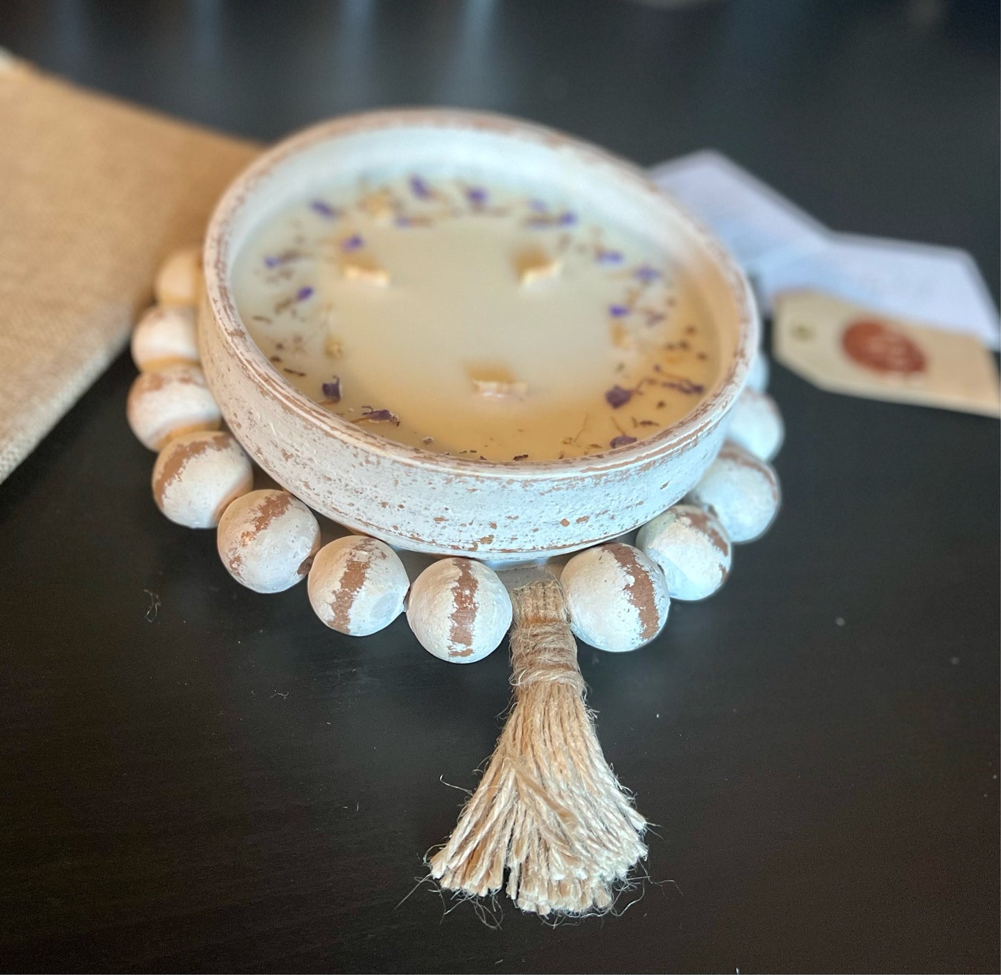 White Beaded Clay Bowl Candle